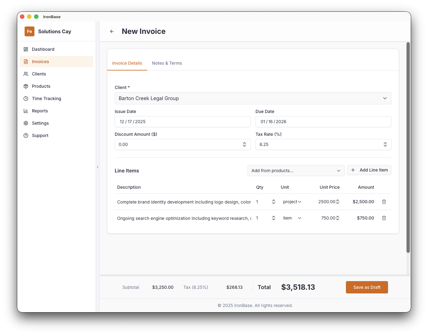 IronBase new invoice form