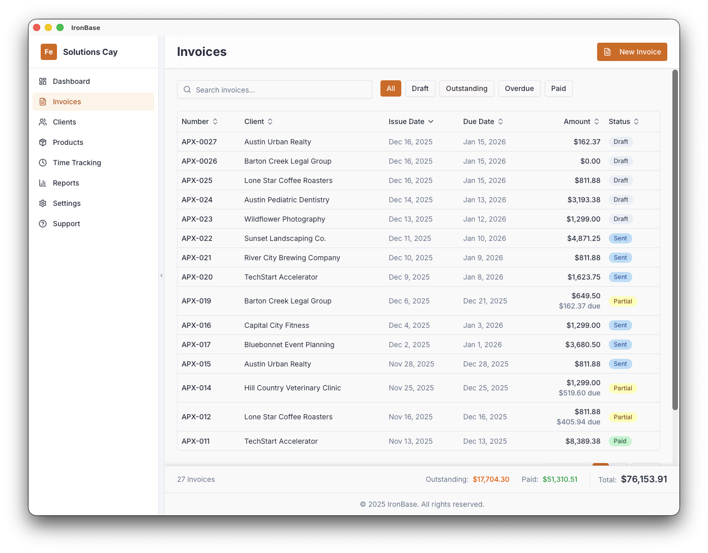 IronBase invoices list